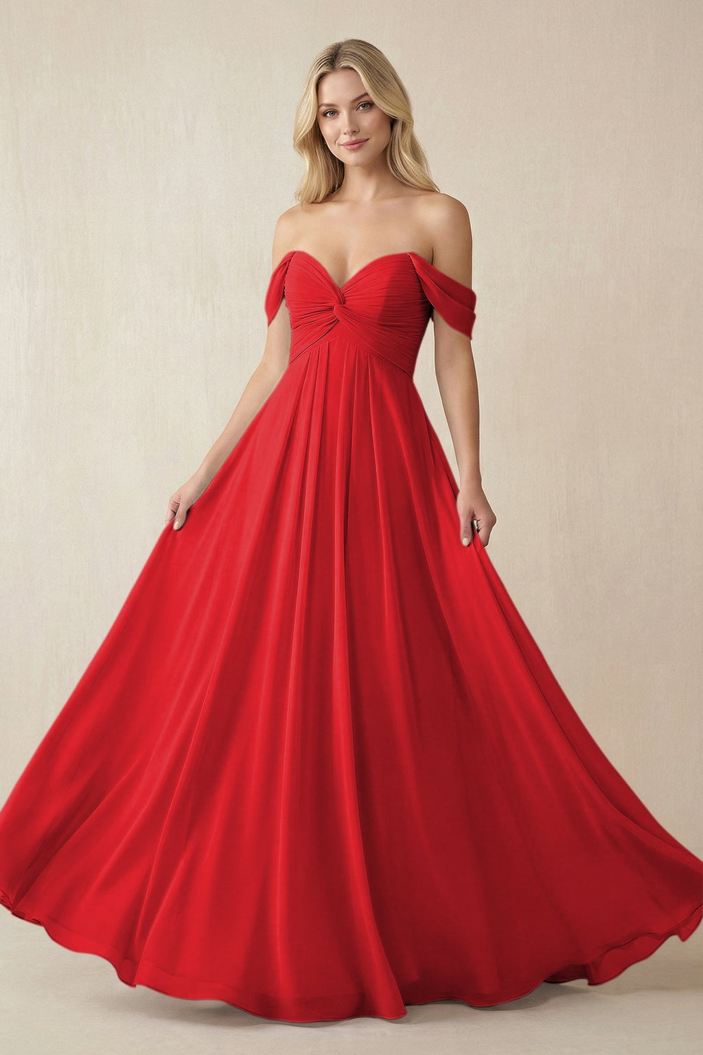 Off - the - Shoulder Chiffon A - Line Long Bridesmaid Dress in Ruby Red - SHE IS ME Bridesmaid Dresses