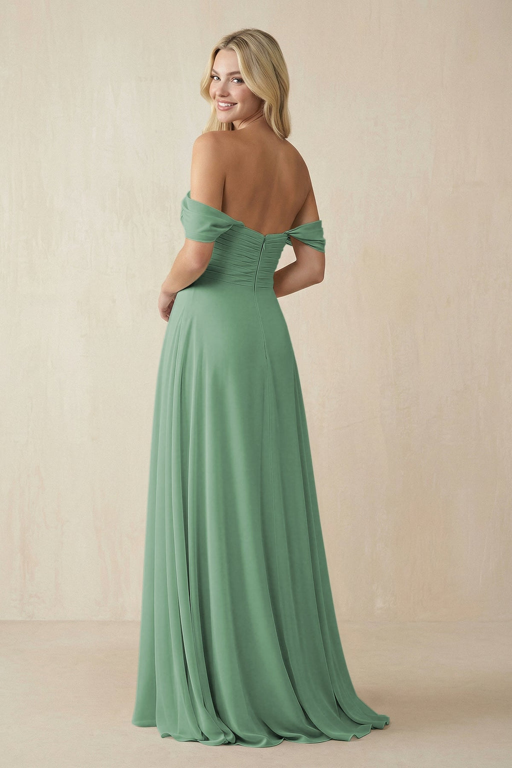 Off - the - Shoulder Chiffon A - Line Long Bridesmaid Dress in Sea Glass - SHE IS ME Bridesmaid Dresses