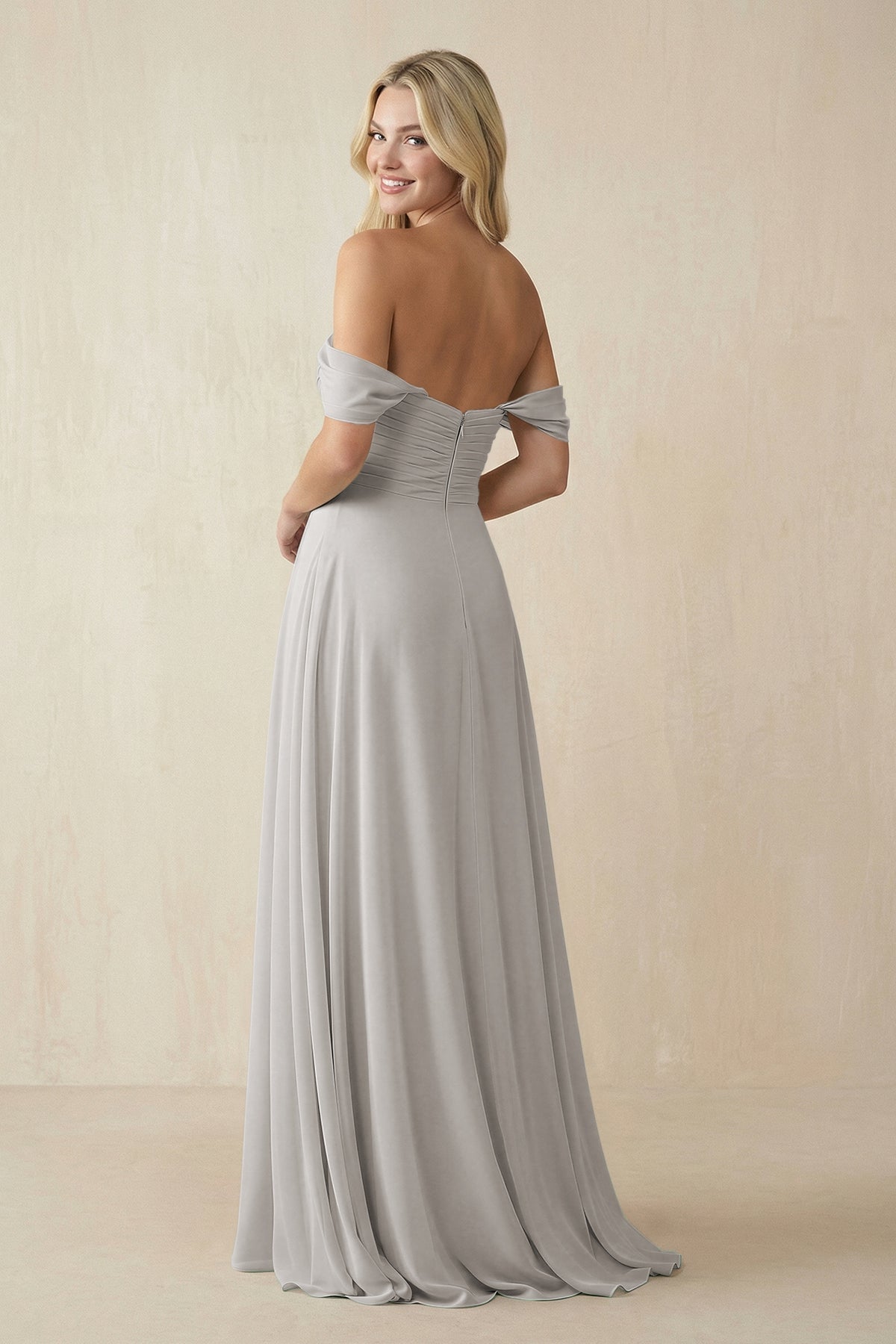 Off - the - Shoulder Chiffon A - Line Long Bridesmaid Dress in Silver - SHE IS ME Bridesmaid Dresses