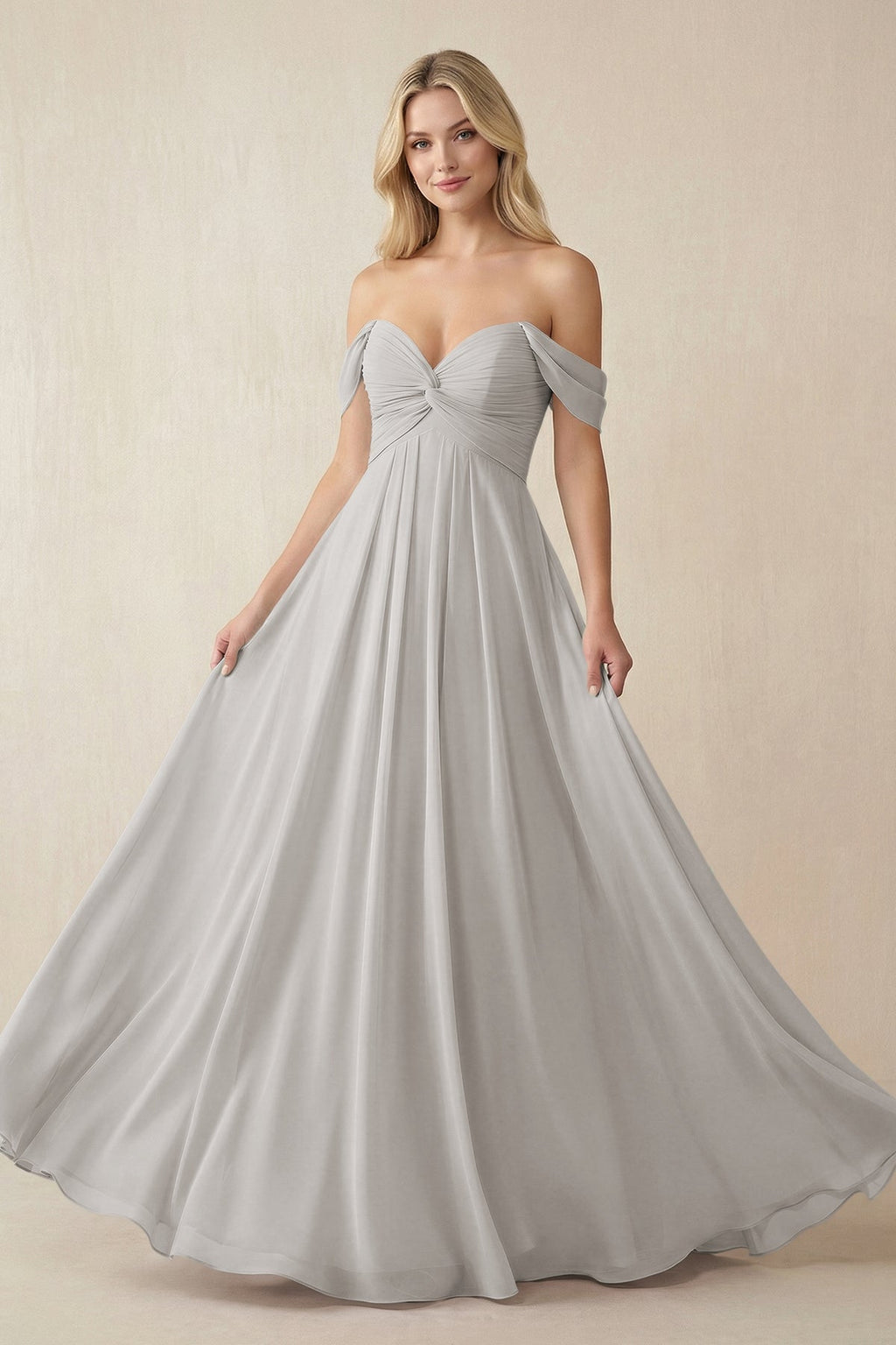 Off - the - Shoulder Chiffon A - Line Long Bridesmaid Dress in Silver - SHE IS ME Bridesmaid Dresses