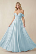 Off - the - Shoulder Chiffon A - Line Long Bridesmaid Dress in Sky Blue - SHE IS ME Bridesmaid Dresses