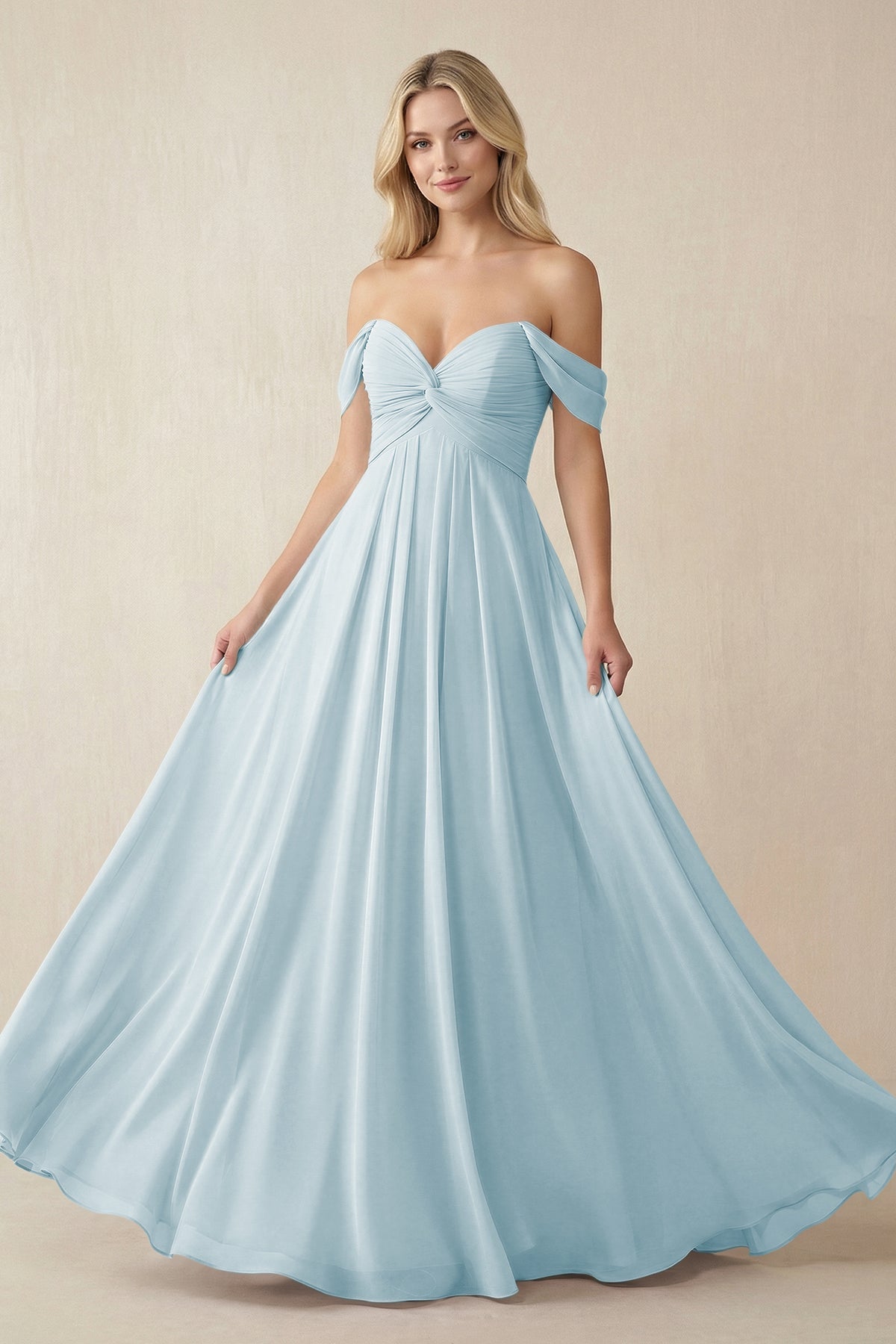 Off - the - Shoulder Chiffon A - Line Long Bridesmaid Dress in Sky Blue - SHE IS ME Bridesmaid Dresses