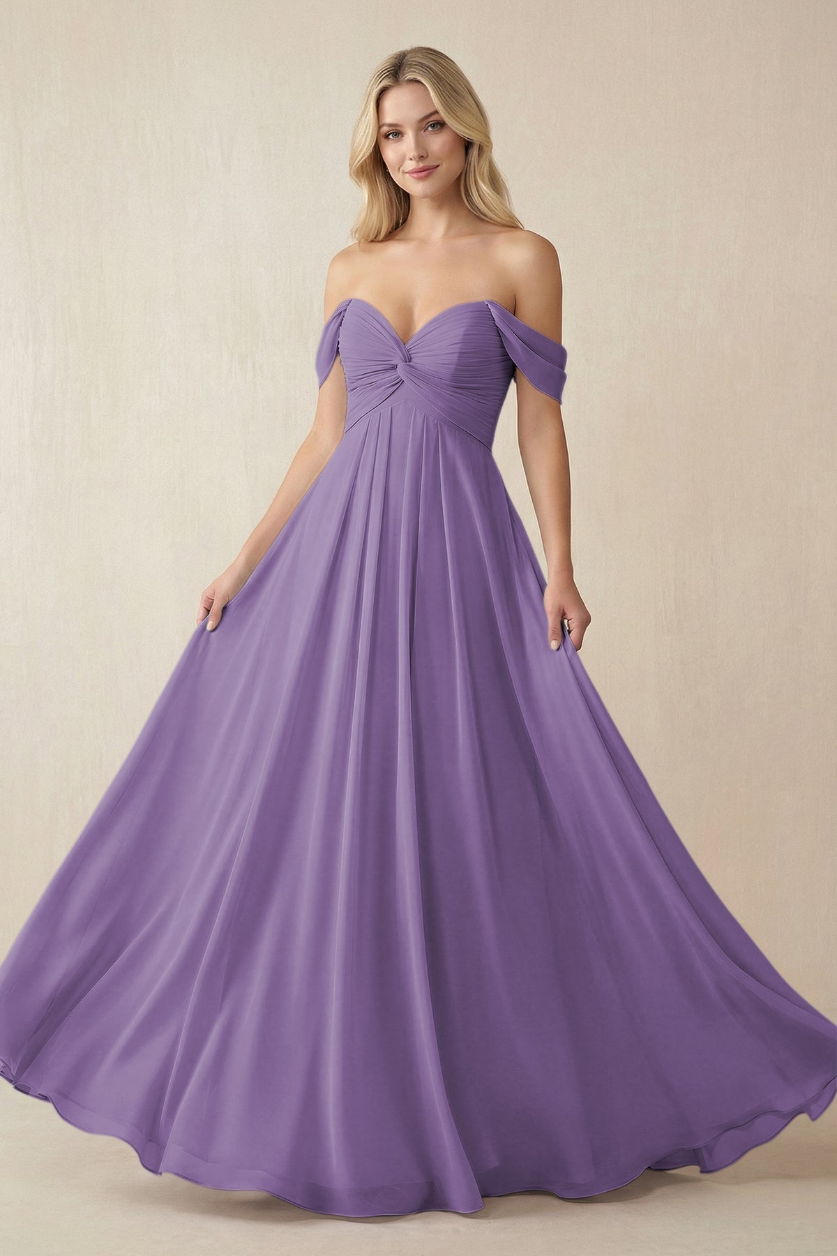 Off - the - Shoulder Chiffon A - Line Long Bridesmaid Dress in Tahiti - SHE IS ME Bridesmaid Dresses
