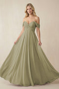 Off - the - Shoulder Chiffon A - Line Long Bridesmaid Dress in Thyme - SHE IS ME Bridesmaid Dresses