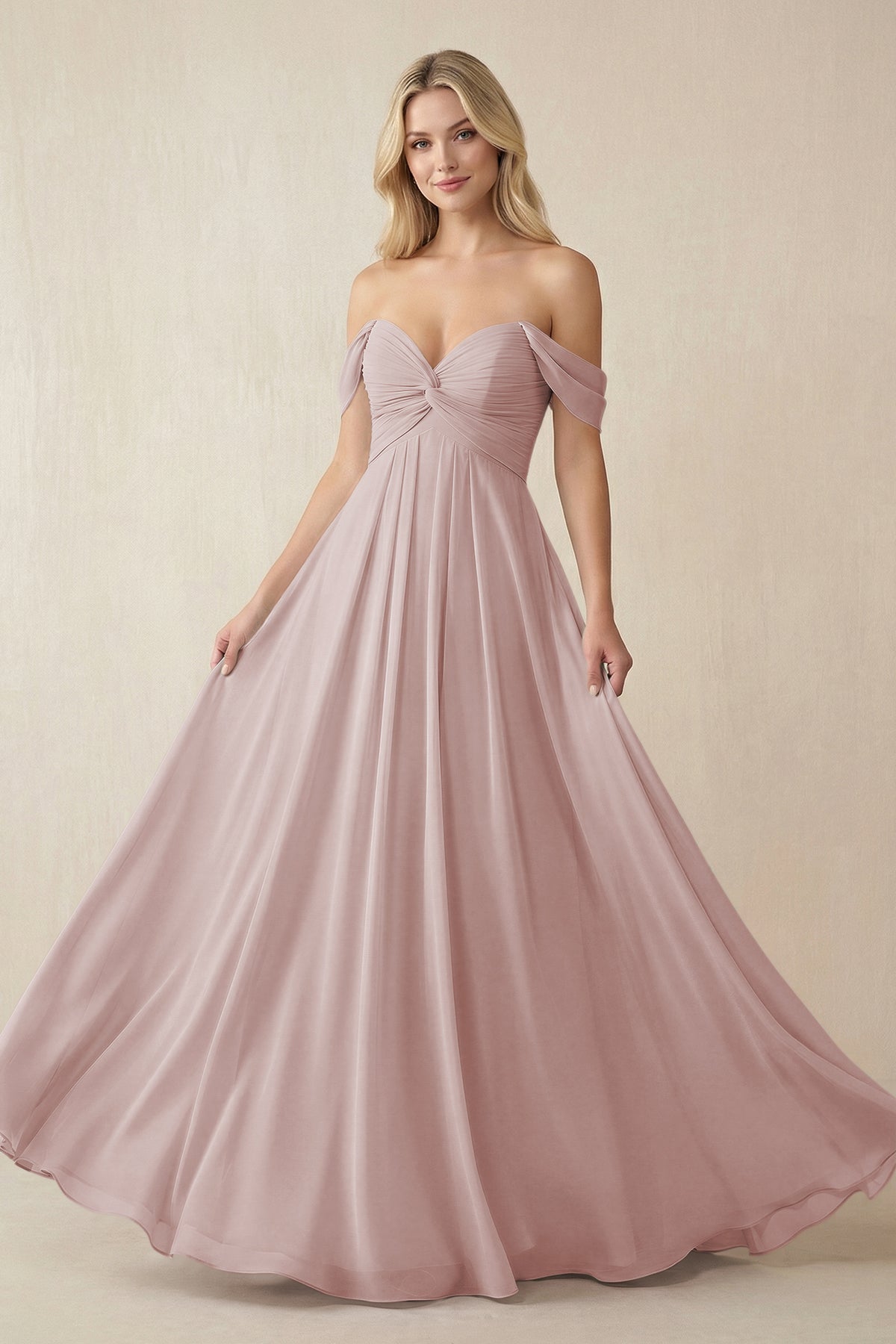 Off - the - Shoulder Chiffon A - Line Long Bridesmaid Dress in Toffee - SHE IS ME Bridesmaid Dresses