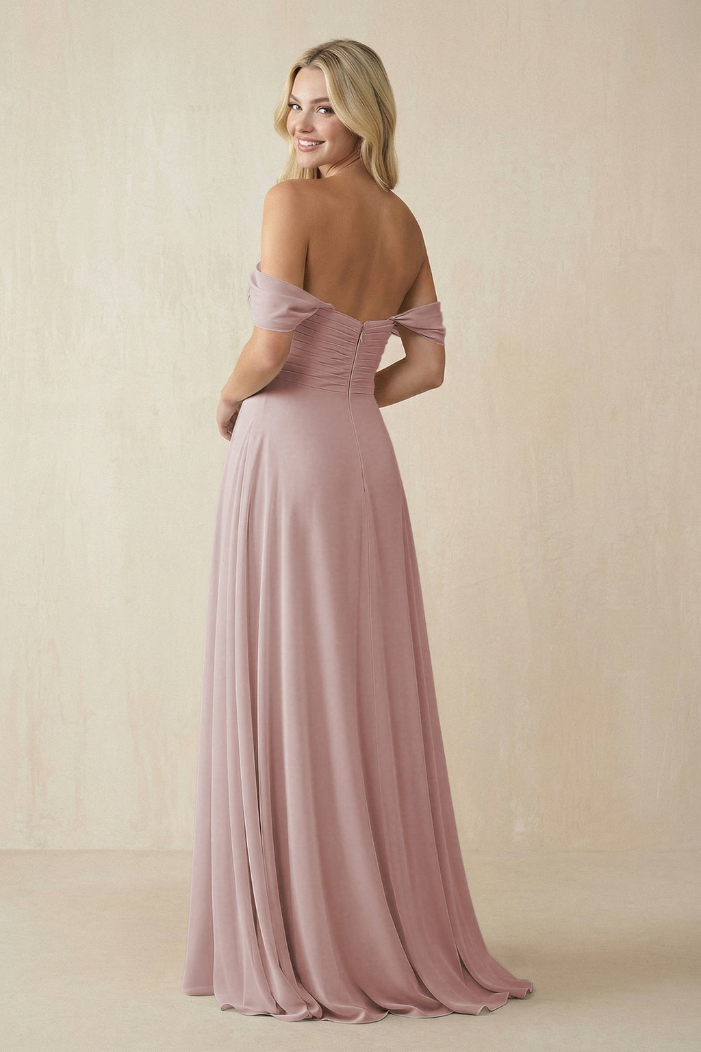 Off - the - Shoulder Chiffon A - Line Long Bridesmaid Dress in Toffee - SHE IS ME Bridesmaid Dresses