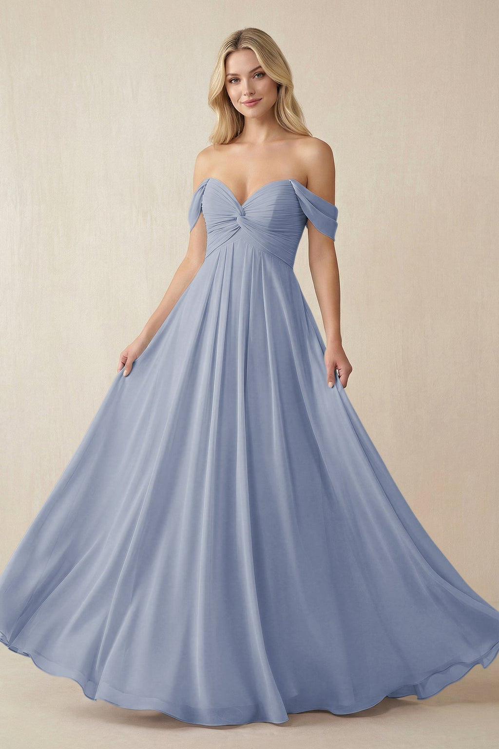 Off - the - Shoulder Chiffon A - Line Long Bridesmaid Dress in Twilight - SHE IS ME Bridesmaid Dresses