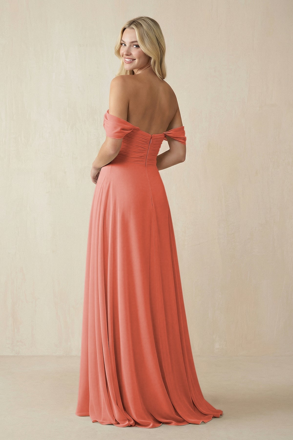 Off - the - Shoulder Chiffon A - Line Long Bridesmaid Dress in Wild Rose - SHE IS ME Bridesmaid Dresses