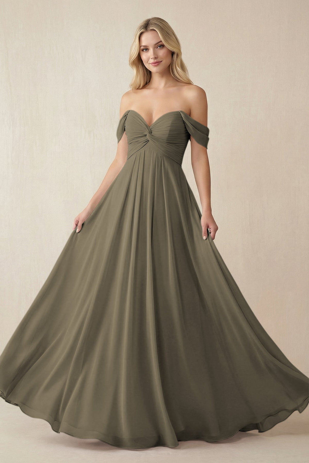 Off - the - Shoulder Chiffon A - Line Long Bridesmaid Dress in Willow Green - SHE IS ME Bridesmaid Dresses