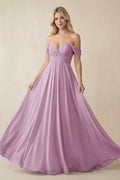 Off - the - Shoulder Chiffon A - Line Long Bridesmaid Dress in Wisteria - SHE IS ME Bridesmaid Dresses