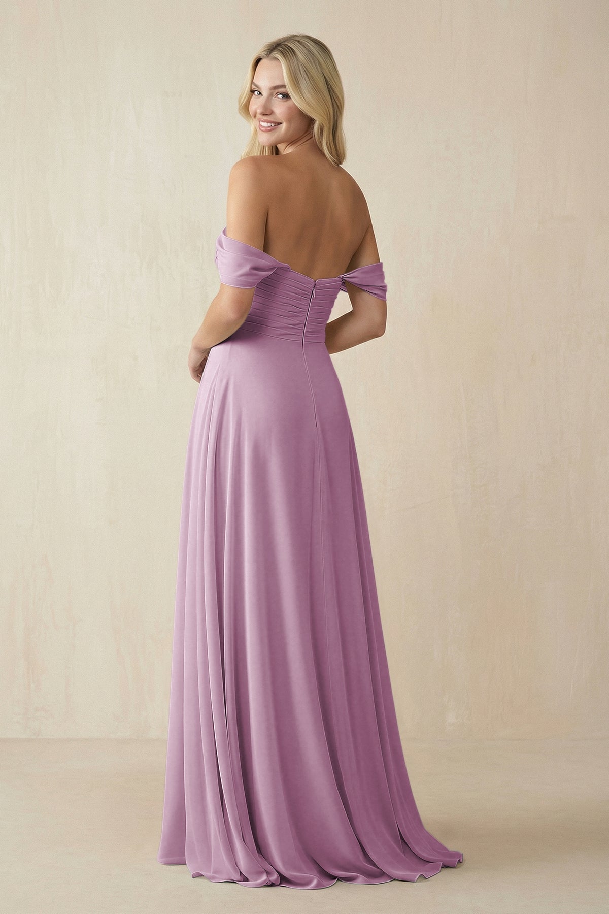 Off - the - Shoulder Chiffon A - Line Long Bridesmaid Dress in Wisteria - SHE IS ME Bridesmaid Dresses