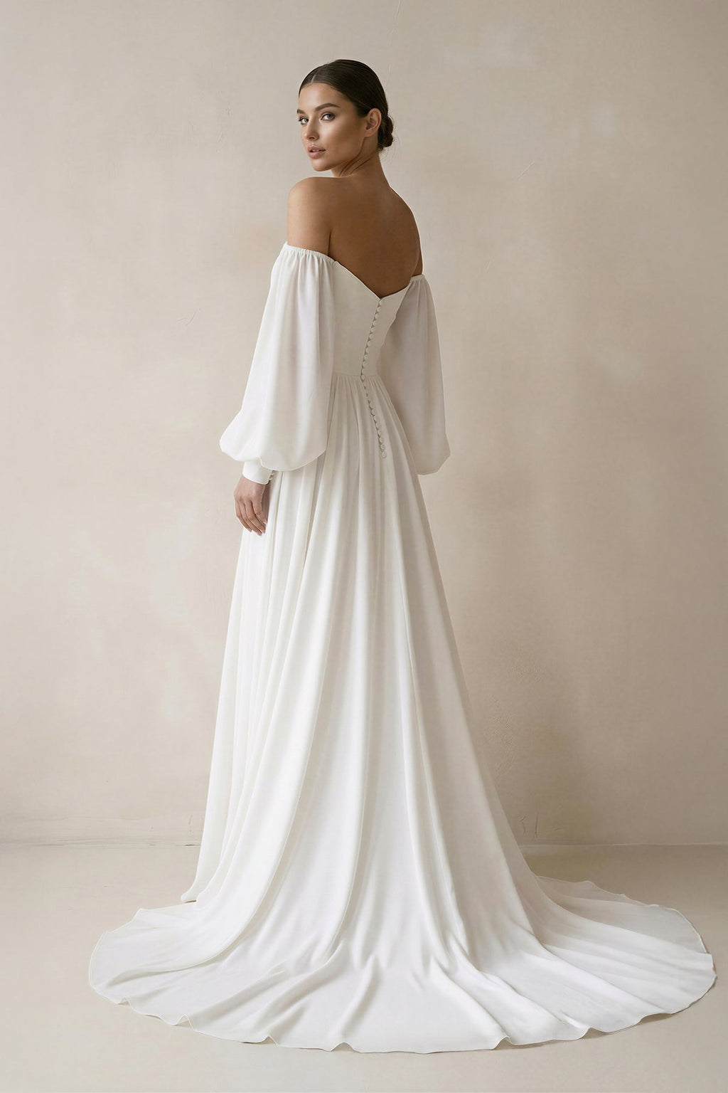Off the Shoulder Chiffon Long - Sleeve Wedding Dresses in White - SHE IS ME Wedding Dresses
