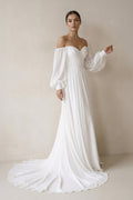 Off the Shoulder Chiffon Long - Sleeve Wedding Dresses in White - SHE IS ME Wedding Dresses