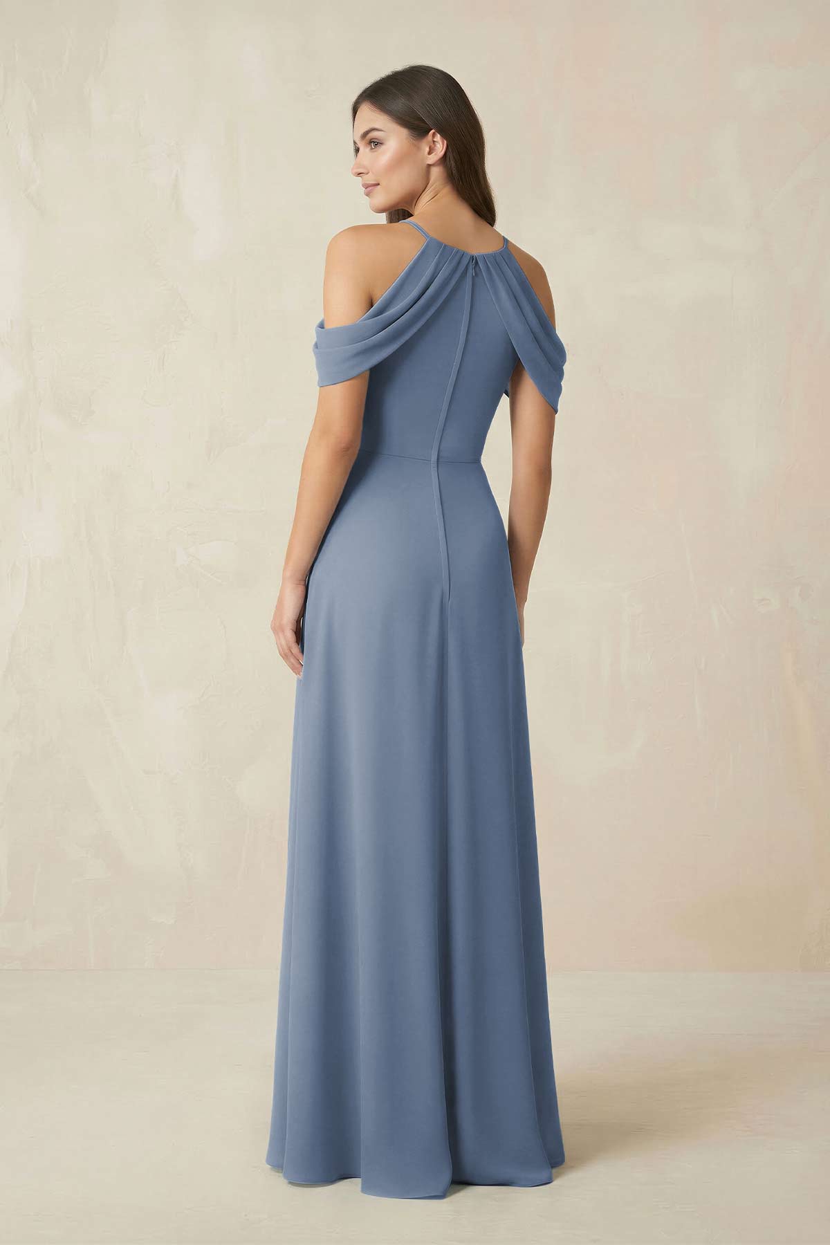 Off - the - Shoulder Chiffon Sheath Bridesmaid Dress Wiht Slit in Neptune - SHE IS ME Bridesmaid Dresses