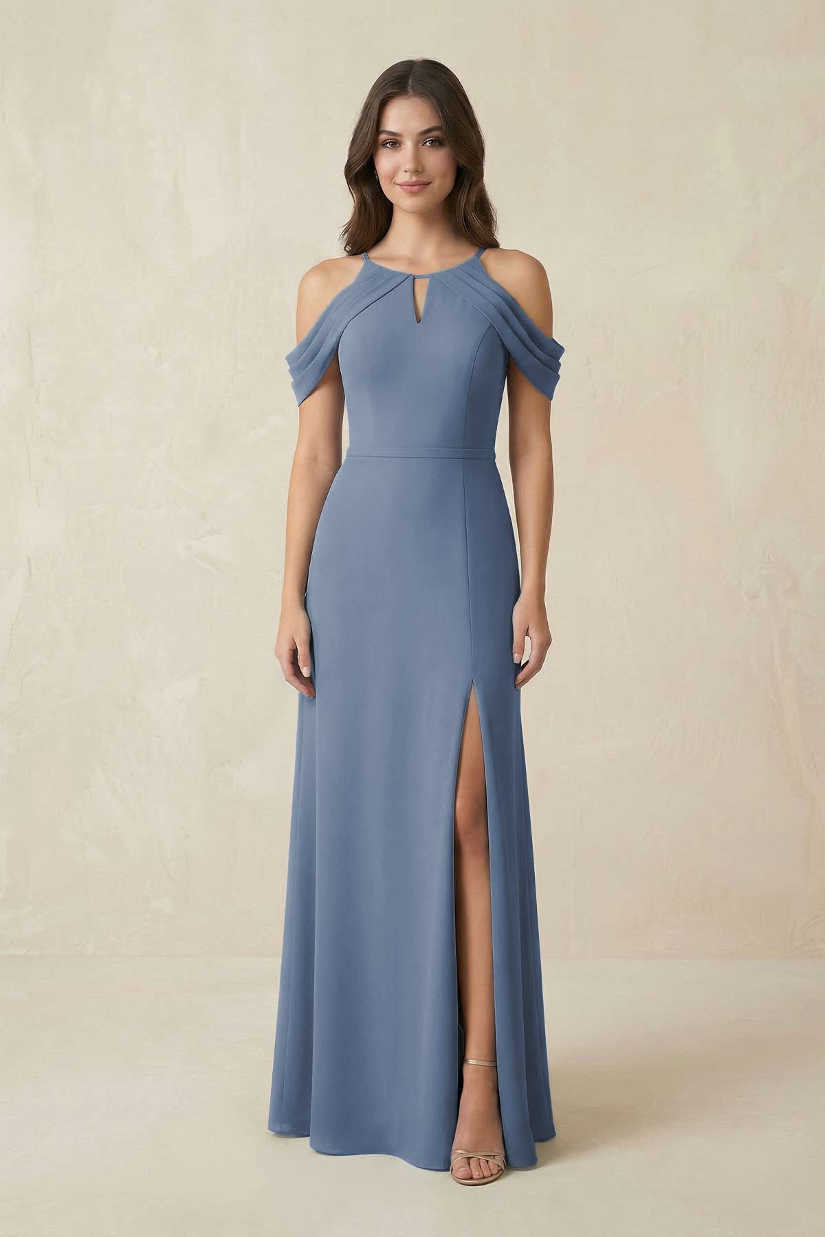 Off - the - Shoulder Chiffon Sheath Bridesmaid Dress Wiht Slit in Neptune - SHE IS ME Bridesmaid Dresses