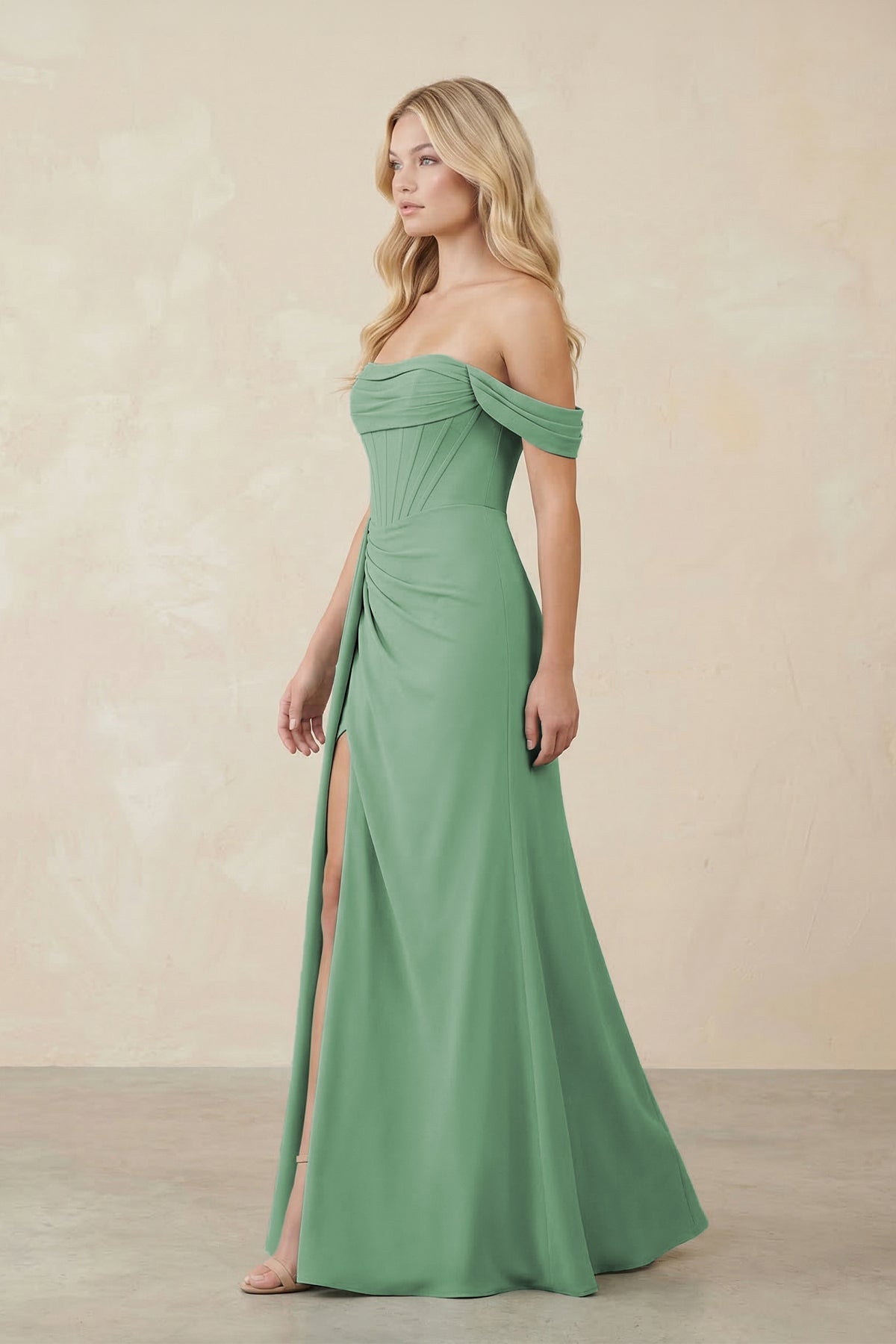 Off - the - Shoulder Corset Sheath Chiffon Bridesmaid Dress in Sea Glass - SHE IS ME Bridesmaid Dresses