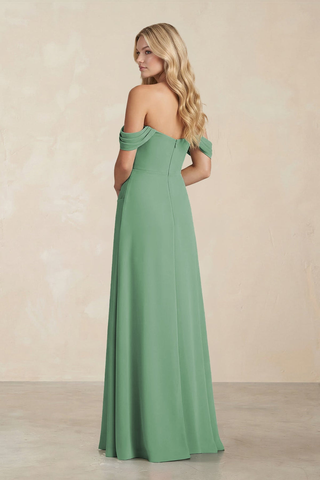Off - the - Shoulder Corset Sheath Chiffon Bridesmaid Dress in Sea Glass - SHE IS ME Bridesmaid Dresses