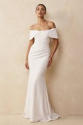 Off - the - Shoulder Crepe Mermaid Wedding Dress in White - SHE IS ME Wedding Dresses