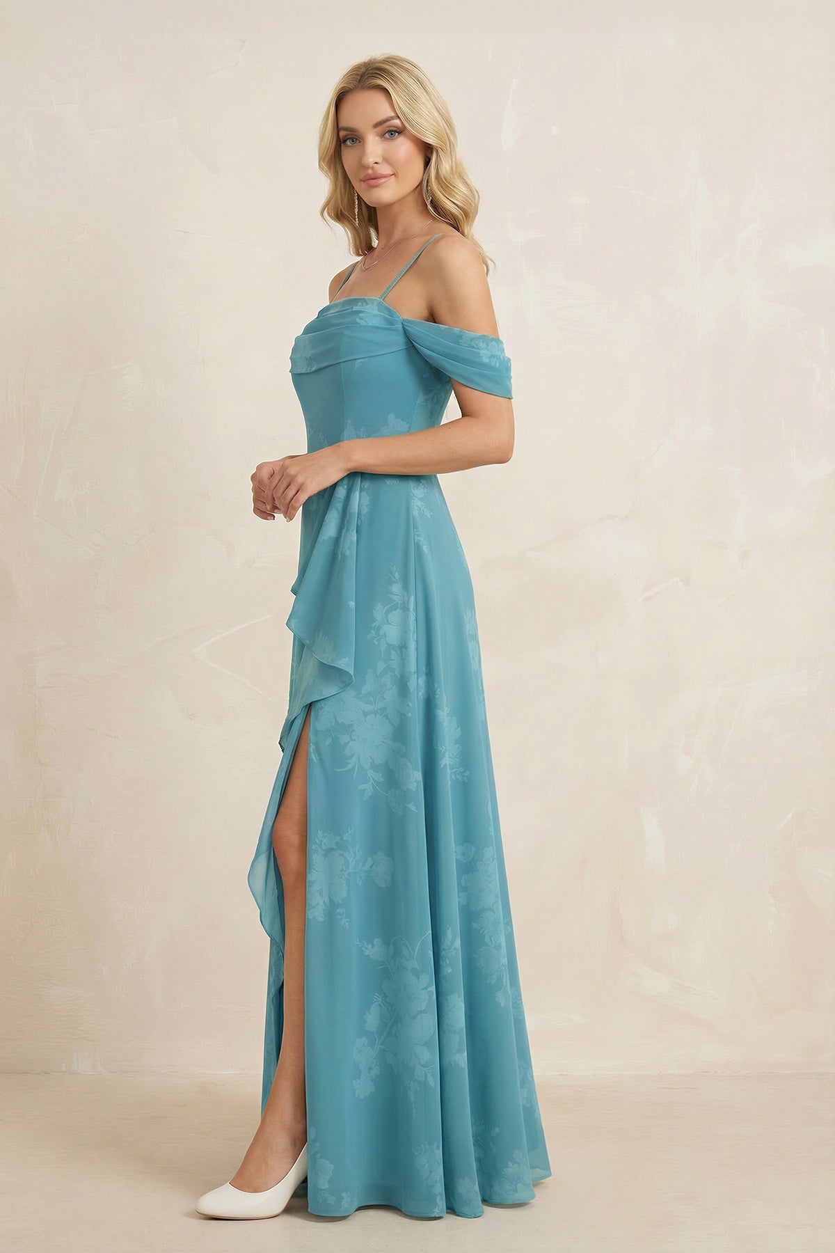Off - the - Shoulder Floral Chiffon Ruffled Bridesmaid Dress in Adriatic Blue - SHE IS ME Bridesmaid Dresses
