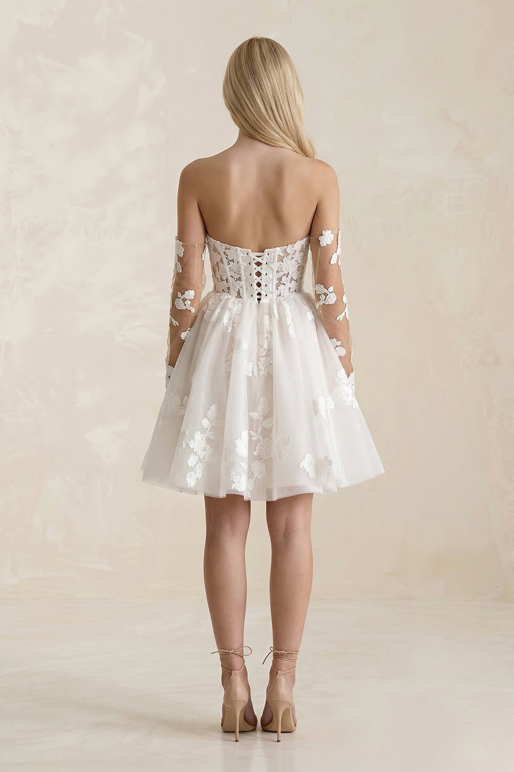 Off - the - Shoulder Flower Appliqued Tulle A - Line Mini Wedding Dress - SHE IS ME Wedding Dresses