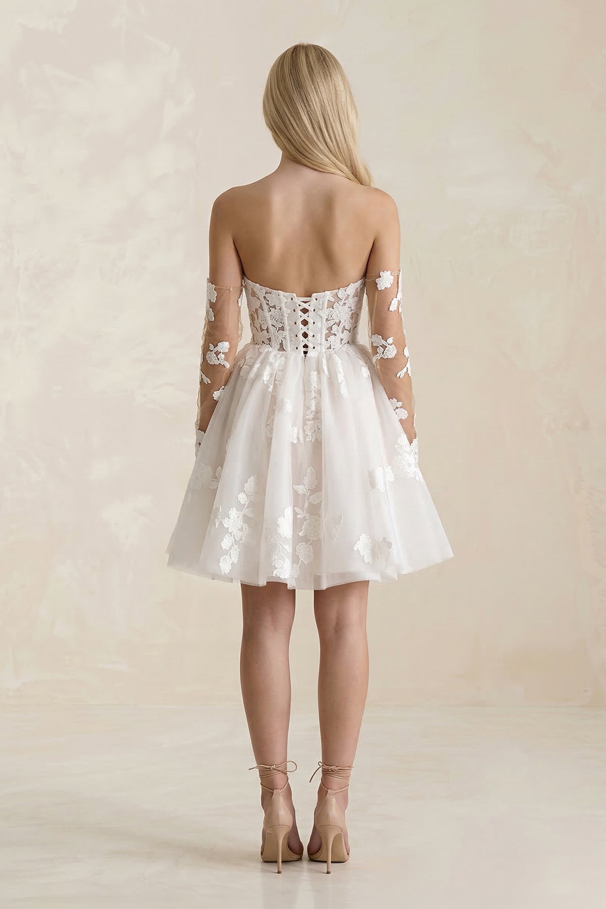 Off - the - Shoulder Flower Appliqued Tulle A - Line Mini Wedding Dress - SHE IS ME Wedding Dresses