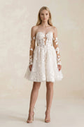Off - the - Shoulder Flower Appliqued Tulle A - Line Mini Wedding Dress - SHE IS ME Wedding Dresses
