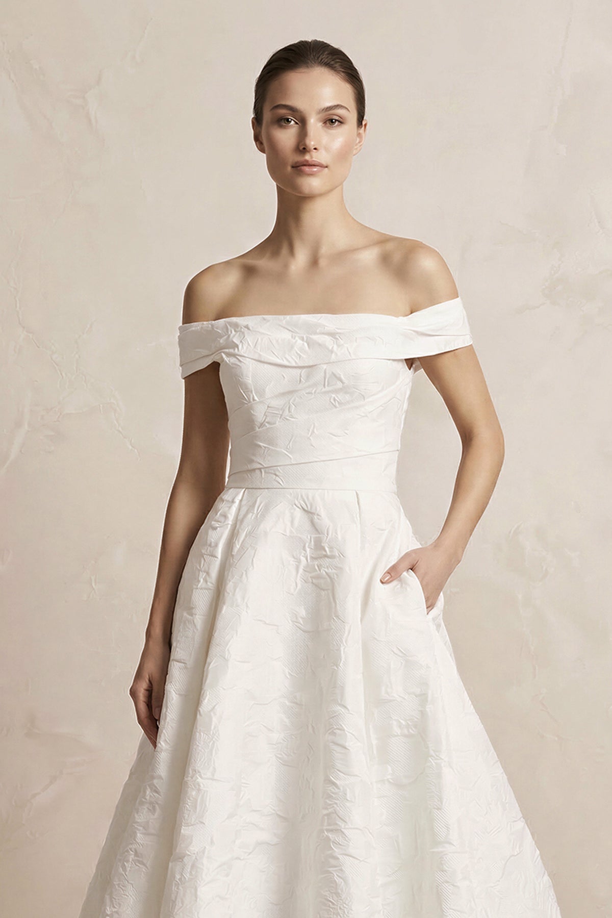 Off - the - Shoulder Jacquard Ball Gown Wedding Dress in White - SHE IS ME Wedding Dresses