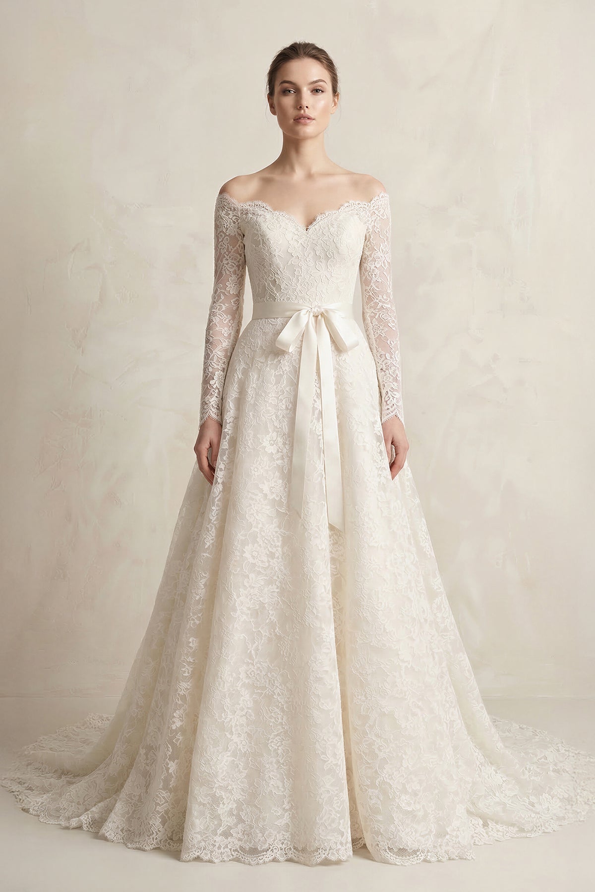 Off - the - Shoulder Lace Long Sleeve Bow Wedding Dress in Ivory - SHE IS ME Wedding Dresses