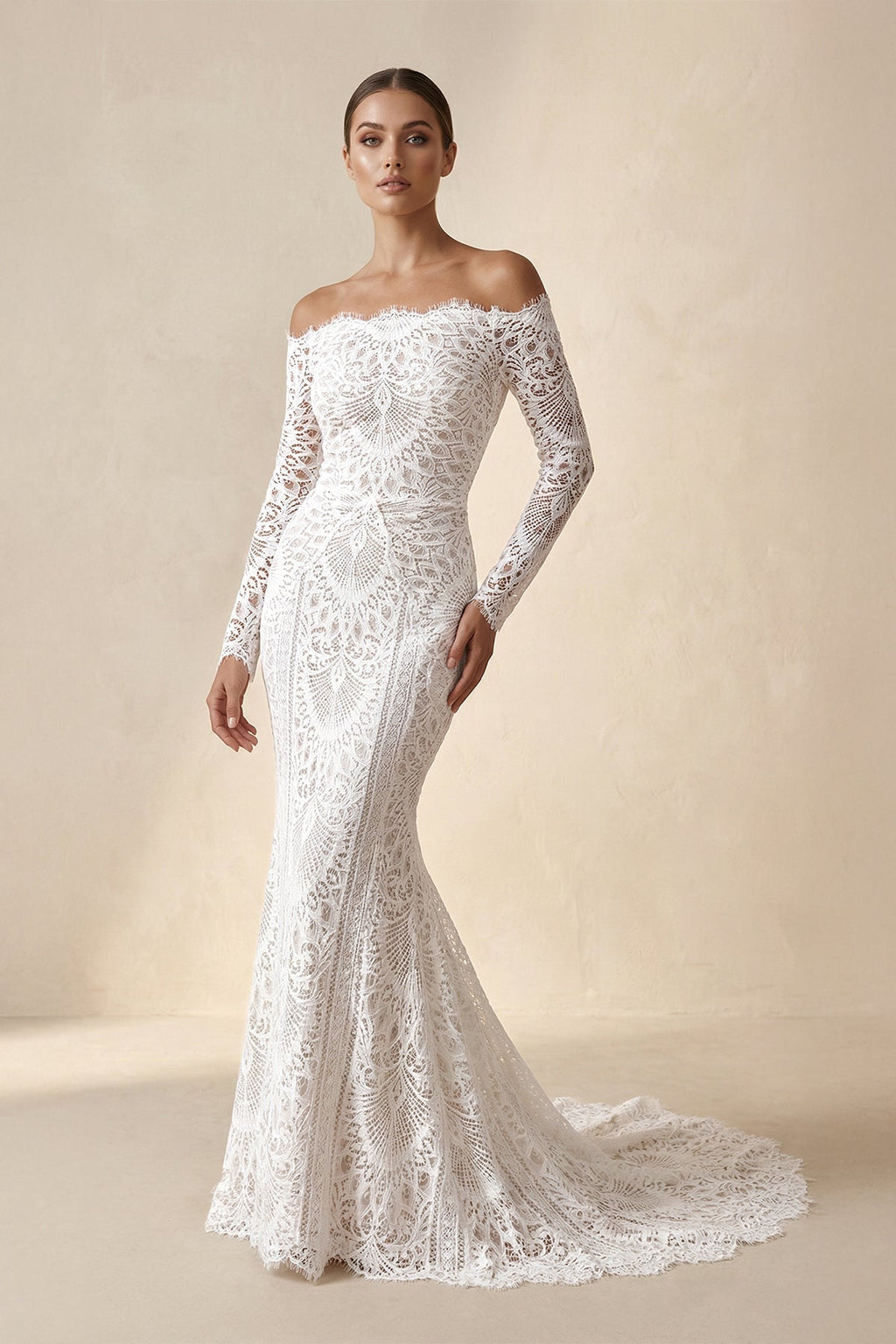 Off - the - Shoulder Lace Mermaid Wedding Dress in Ivory - SHE IS ME Wedding Dresses