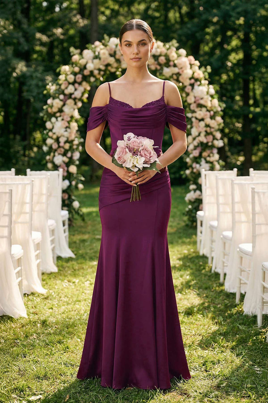 Off - the - Shoulder Mermaid Ruched Bridesmaid Dress in Fig - SHE IS ME Bridesmaid Dresses