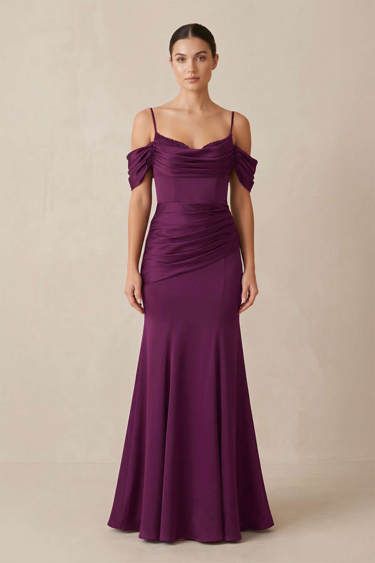 Off - the - Shoulder Mermaid Ruched Bridesmaid Dress in Fig - SHE IS ME Bridesmaid Dresses