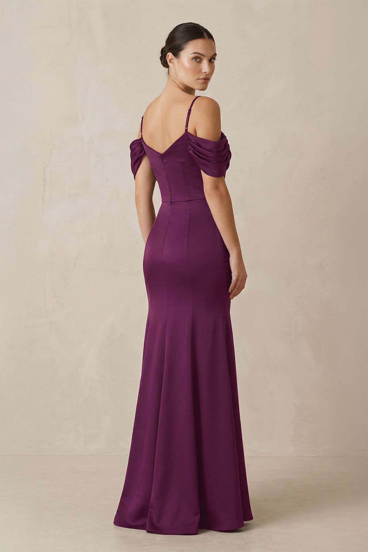 Off - the - Shoulder Mermaid Ruched Bridesmaid Dress in Fig - SHE IS ME Bridesmaid Dresses