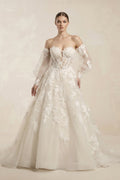 Off - the - Shoulder Organza Puff Sleeve Appliqued Wedding Dress in Ivory - SHE IS ME Wedding Dresses