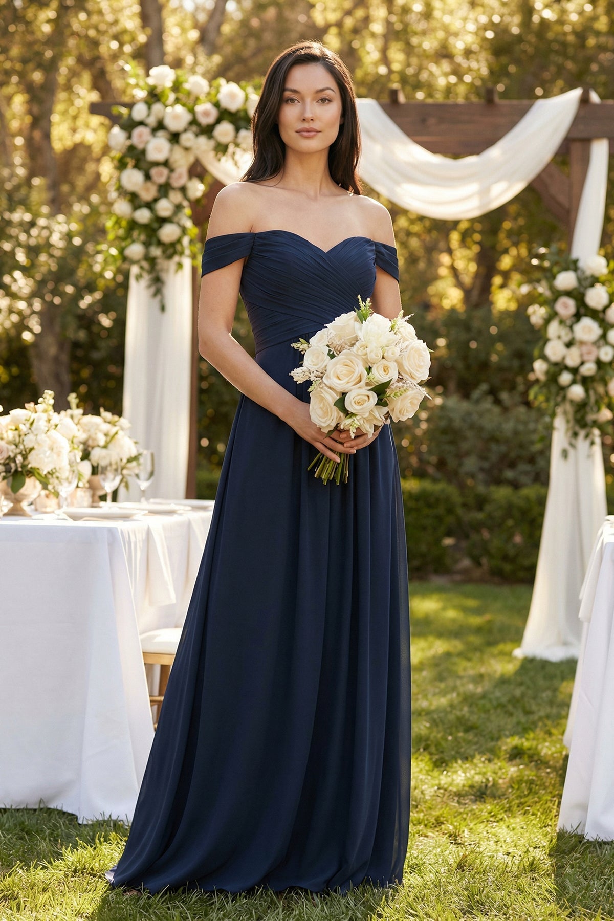 Off - the - Shoulder Pleated A - Line Chiffon Bridesmaid Dress - SHE IS ME Bridesmaid Dresses