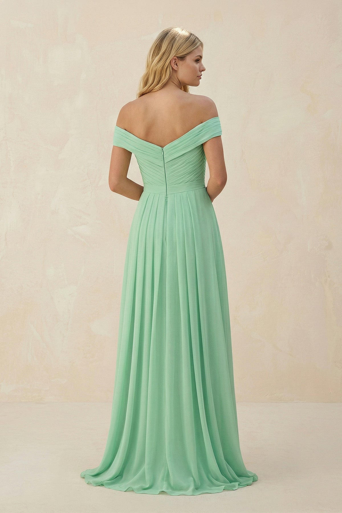 Off - the - Shoulder Pleated A - Line Chiffon Bridesmaid Dress - SHE IS ME Bridesmaid Dresses