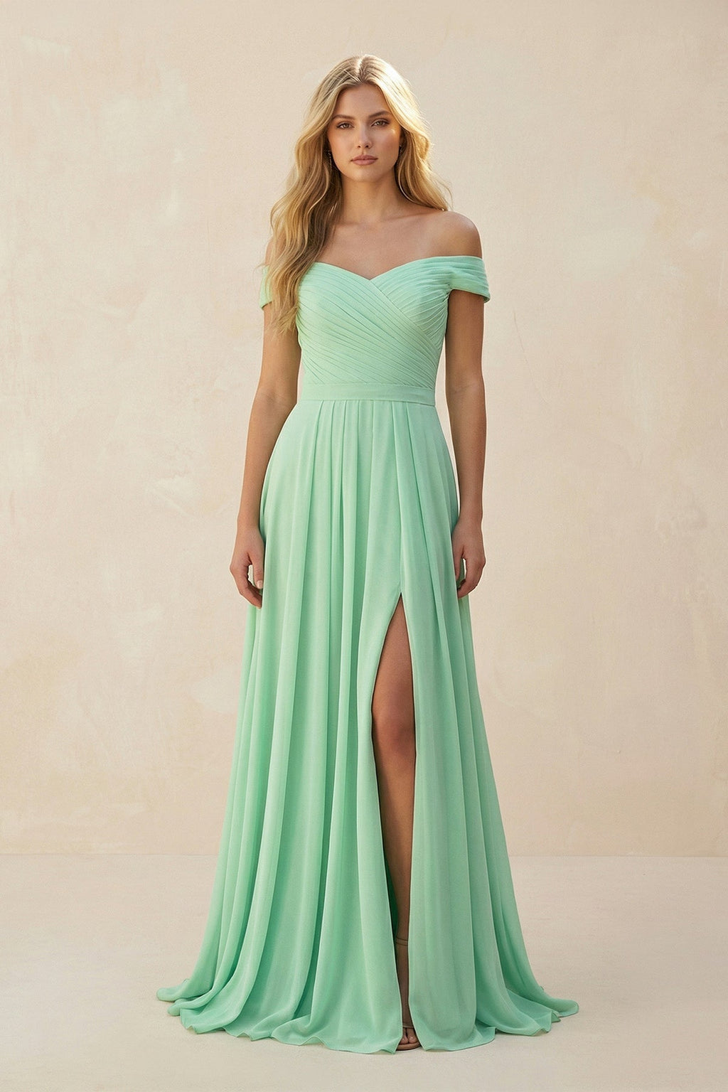 Off - the - Shoulder Pleated A - Line Chiffon Bridesmaid Dress - SHE IS ME Bridesmaid Dresses