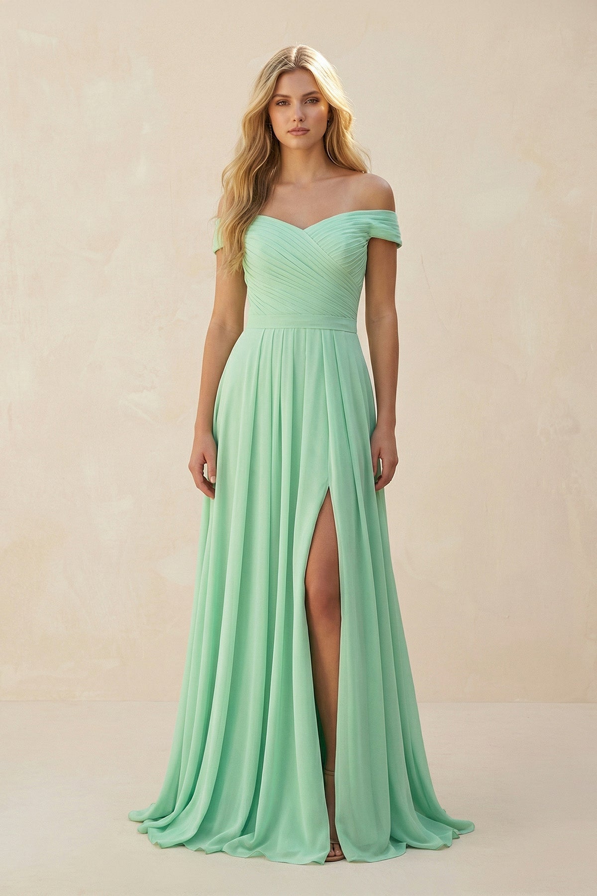 Off - the - Shoulder Pleated A - Line Chiffon Bridesmaid Dress - SHE IS ME Bridesmaid Dresses