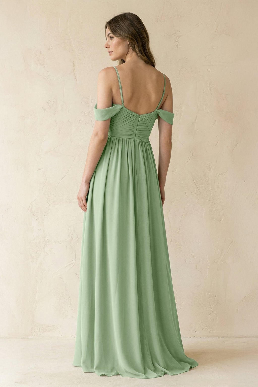 Off - the - Shoulder Pleated A - Line Chiffon Bridesmaid Dress in Sage - SHE IS ME Bridesmaid Dresses