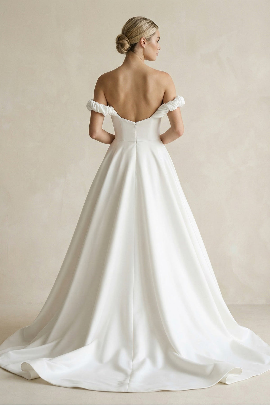 Off - the - Shoulder Satin A - Line Wedding Dress in White - SHE IS ME Wedding Dresses