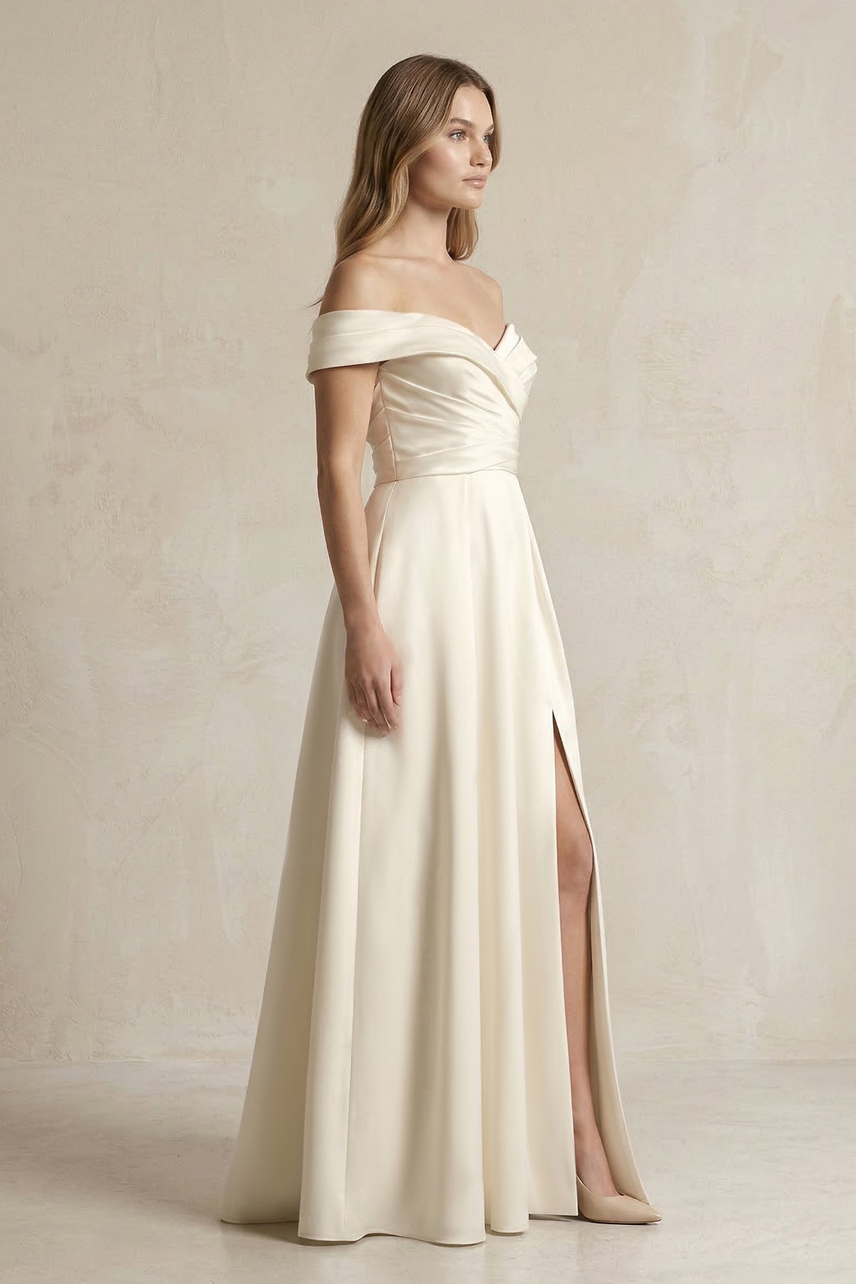 Off - the - Shoulder Satin A - Line Wedding Dress with Slit in Ivory - SHE IS ME Wedding Dresses