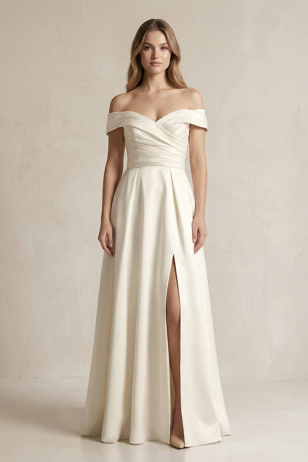 Off - the - Shoulder Satin A - Line Wedding Dress with Slit in Ivory - SHE IS ME Wedding Dresses