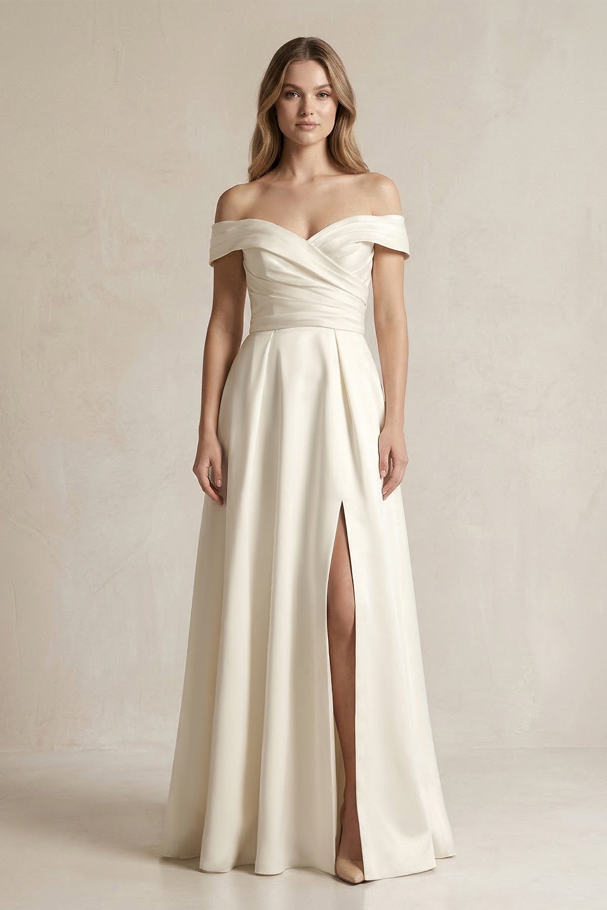 Off - the - Shoulder Satin A - Line Wedding Dress with Slit in Ivory - SHE IS ME Wedding Dresses