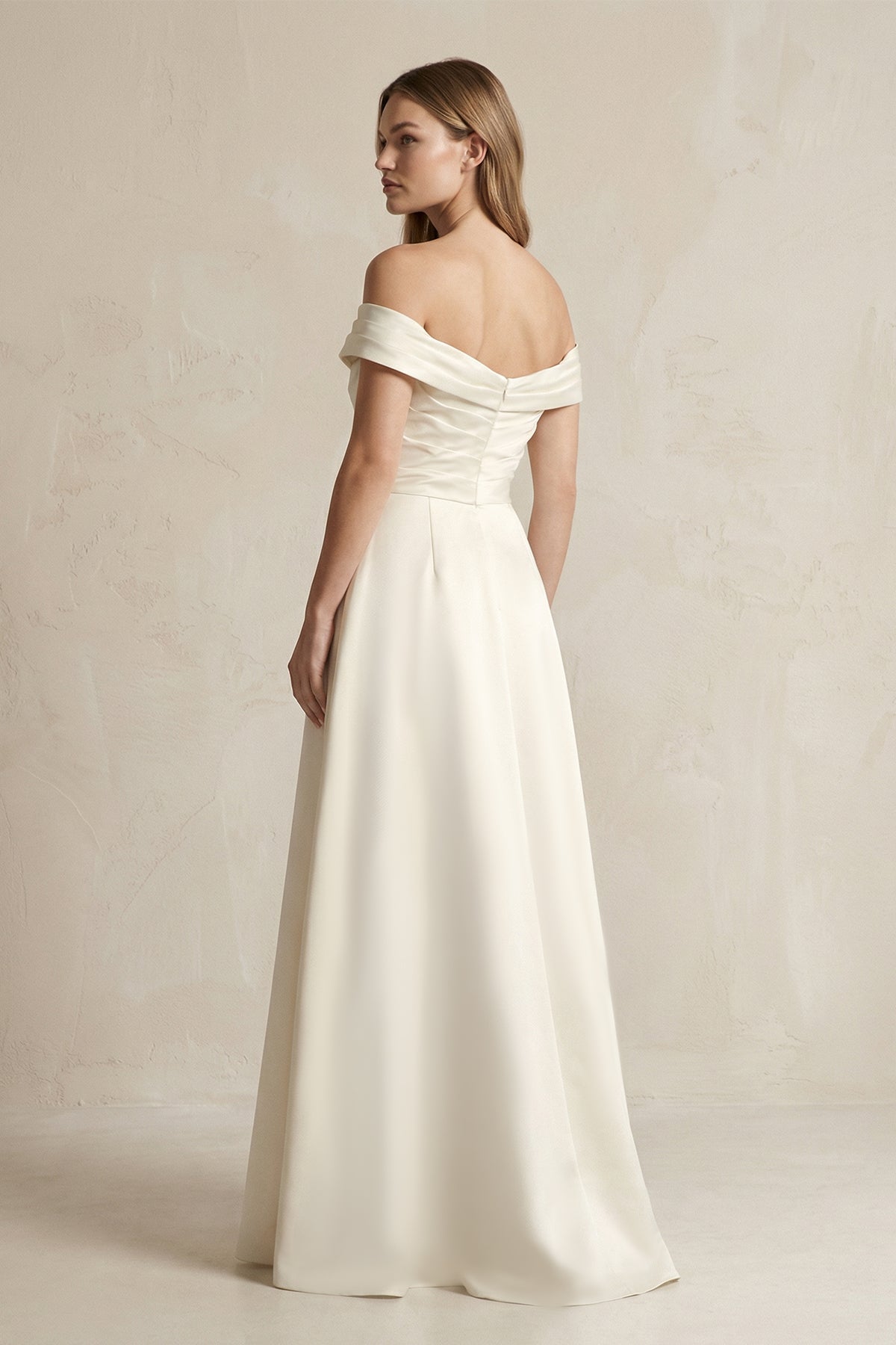 Off - the - Shoulder Satin A - Line Wedding Dress with Slit in Ivory - SHE IS ME Wedding Dresses
