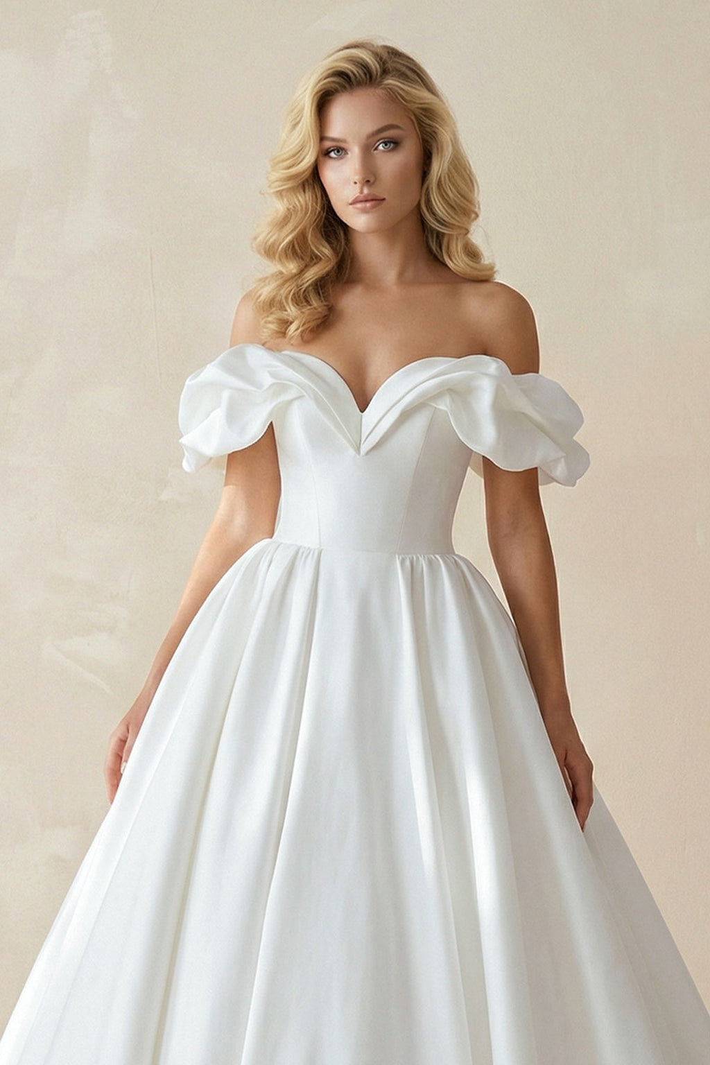 Off - the - Shoulder Satin Ball Gown Wedding Dress in White - SHE IS ME Wedding Dresses