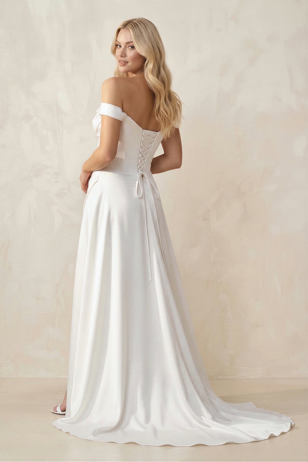 Off - the - Shoulder Satin Bow Ruched Wedding Dress with Slit in White - SHE IS ME Wedding Dresses