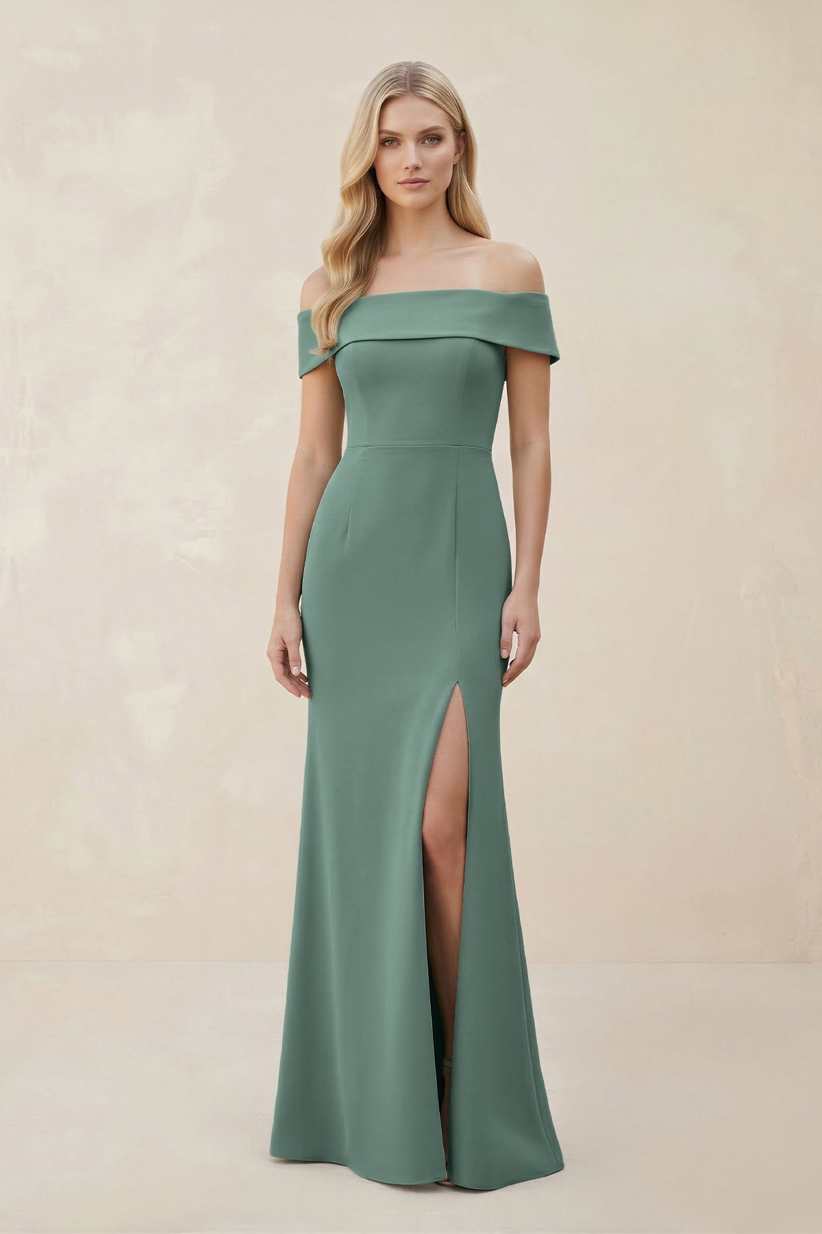 Off - the - Shoulder Satin Sheath Bridesmaid Dress With Slit in Sea Glass - SHE IS ME Bridesmaid Dresses