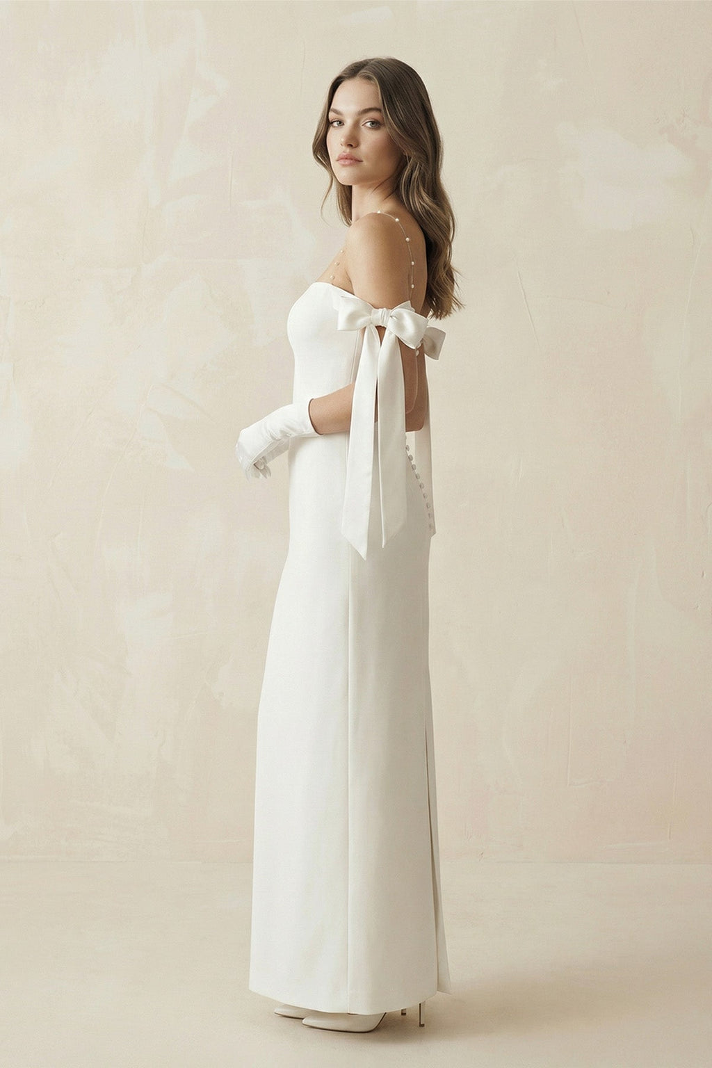 Off The Shoulder Satin Sheath Wedding Dress with Pearl in White - SHE IS ME Wedding Dresses
