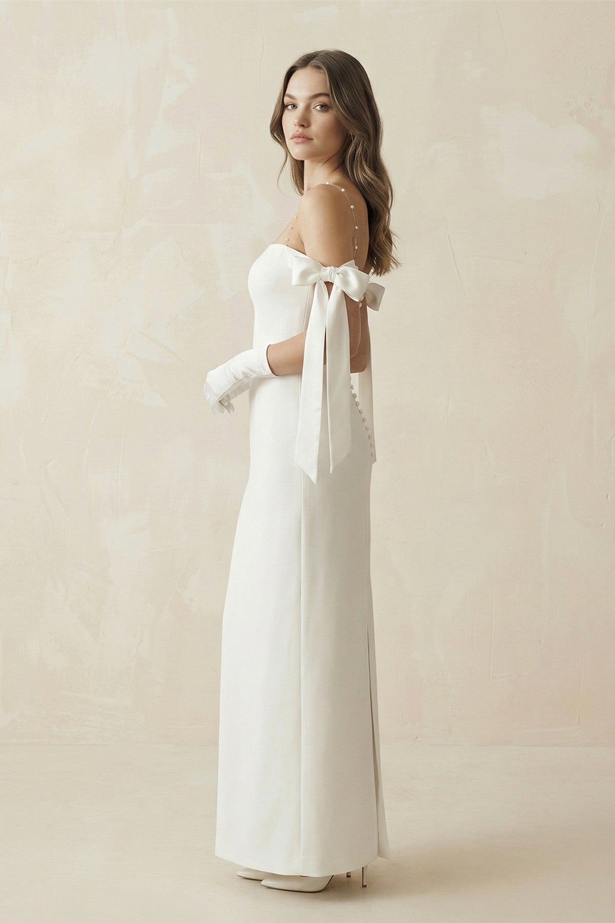 Off The Shoulder Satin Sheath Wedding Dress with Pearl in White - SHE IS ME Wedding Dresses