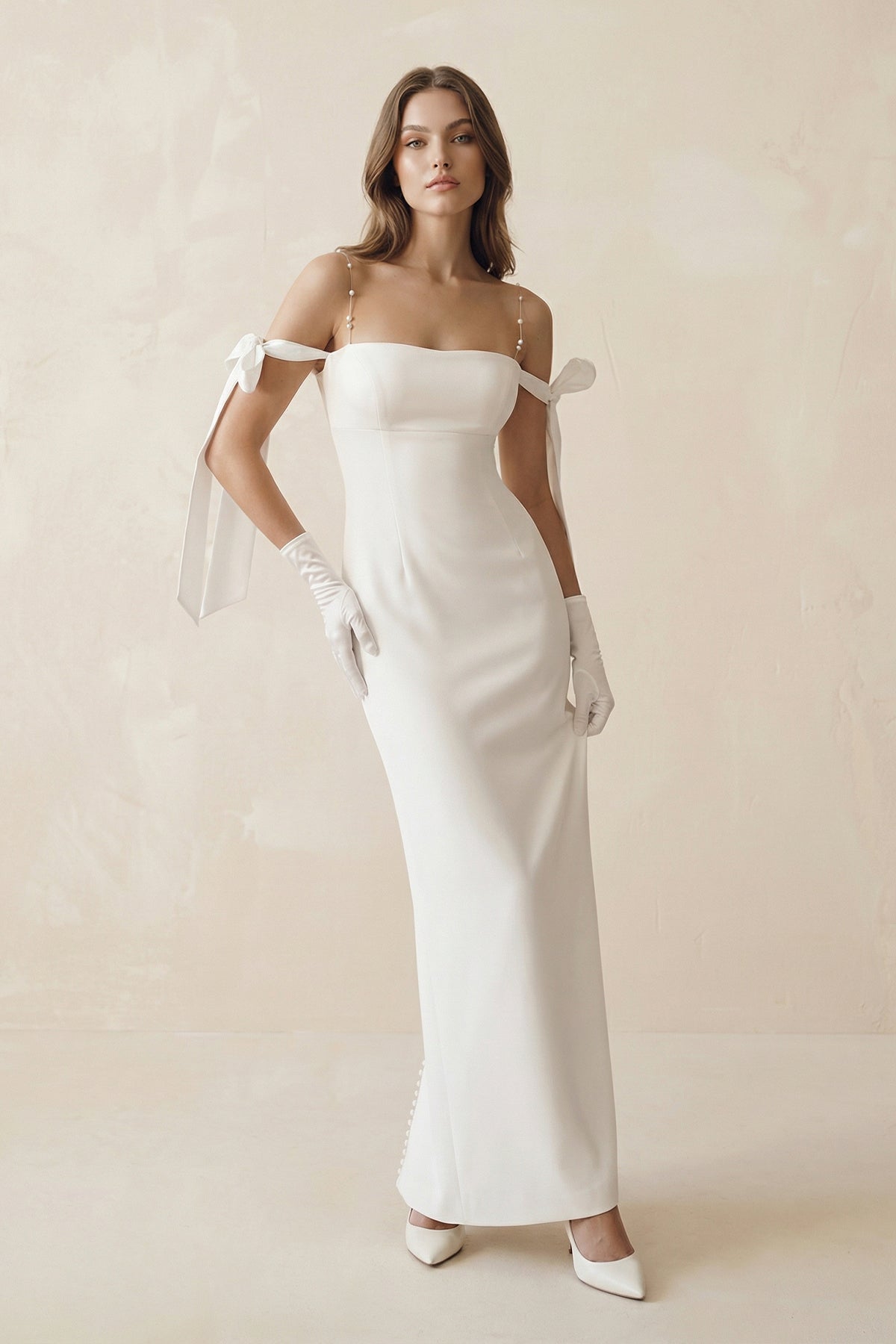 Off The Shoulder Satin Sheath Wedding Dress with Pearl in White - SHE IS ME Wedding Dresses