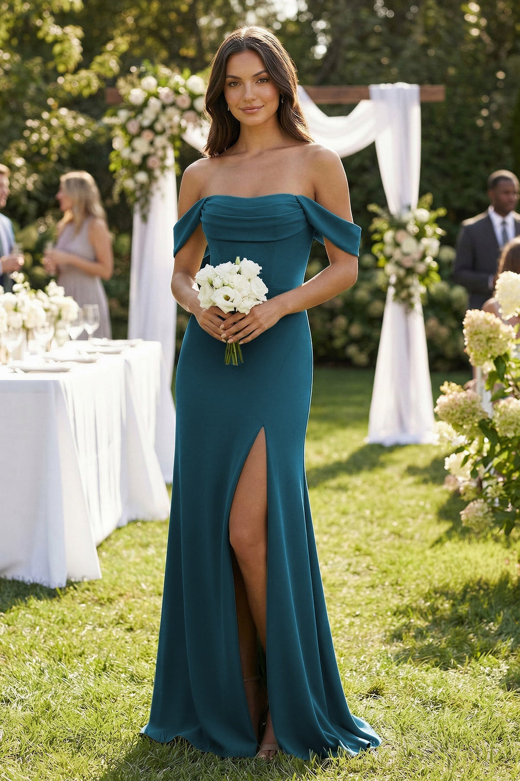 Off - the - Shoulder Sheath Bridesmaid Dress with Slit - SHE IS ME Bridesmaid Dresses
